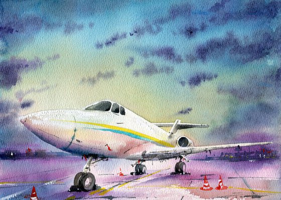 Sunset at the airport. Original watercolor.