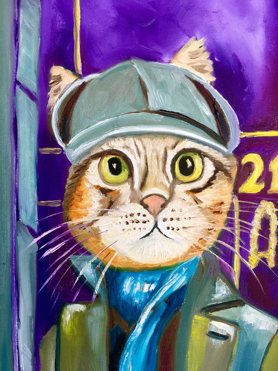 Troy The  Cat- Sherlock Holmes  Baker  Street 221 B   oil painting for cat lovers.