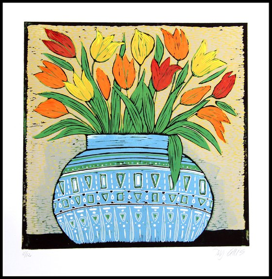 Tulips, linocut reduction, last print