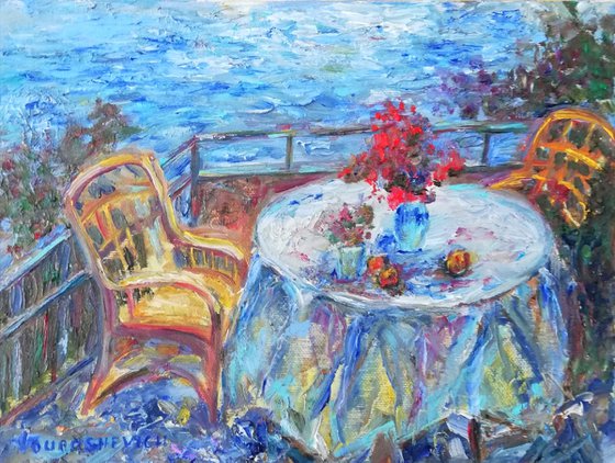 "Romantic Terrace " Original Oil Painting 9x7"