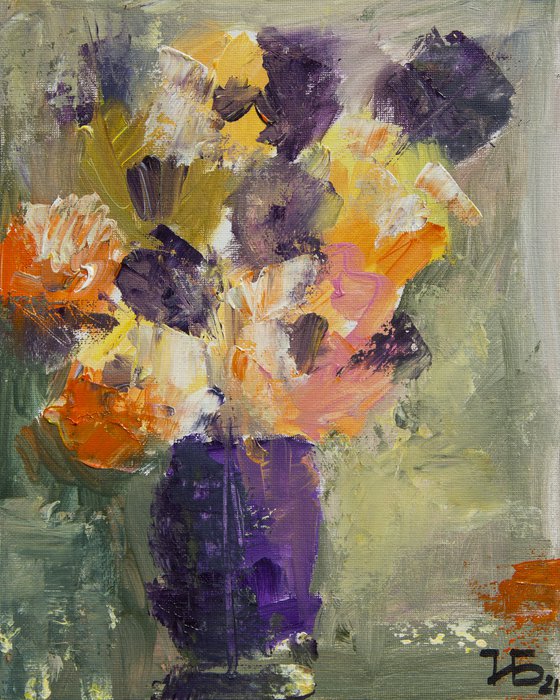 Small still life with orange and lilac flowers in the lilac vase