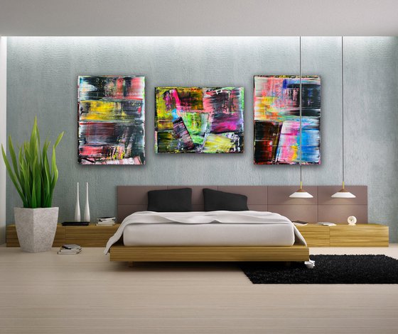 "We're All Mad Here" - Save As A Series - Original PMS Large Abstract Acrylic Painting Triptych On Canvas - 100" x 40"