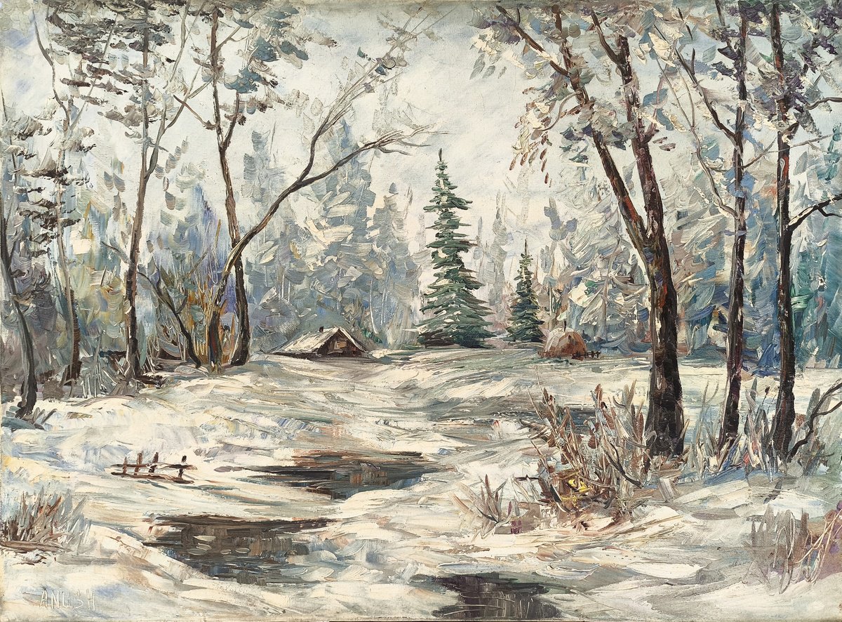 Impressionistic Landscape Oil Painting By Anush Emiryan, 31 X 24, Forest Cabin In The Snowfall, Original Artwork