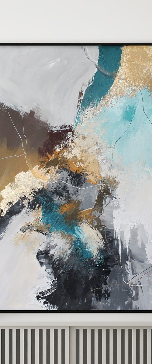 "Blue Rime 2" Teal gray gold abstract acrylic by Yana Sagan