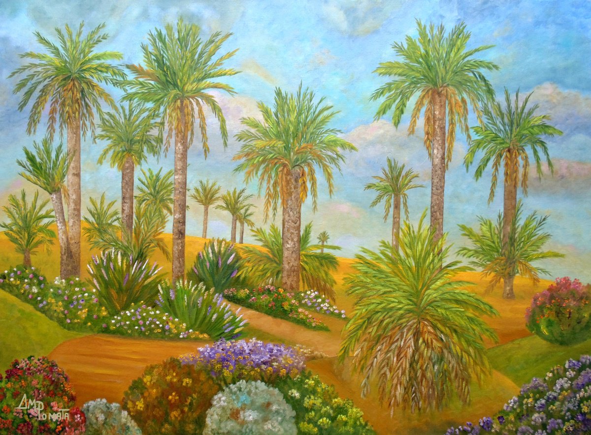 Impressionistic Landscape Oil Painting By Angeles M. Pomata, 32 X 24, Seaside Palms, Original Artwork