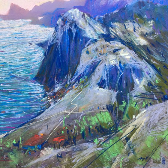 Ukrainian painting Sudak Crimea Mountains and sea landscape Soft pastel 19.6x19.6 inch (50x50 cm)