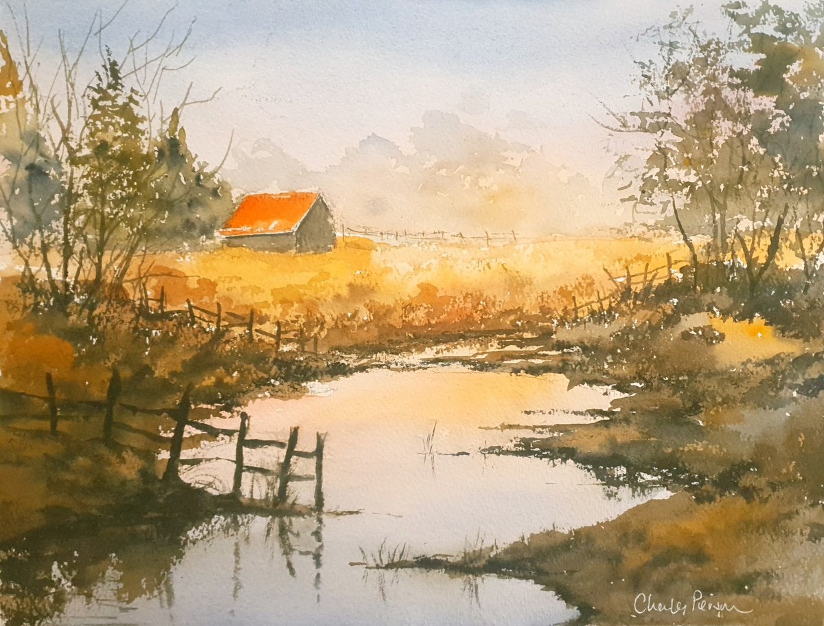 Impressionistic Watercolour , Barn And Stream Reflections, Early Morning By Charles Pierson, 15 X 11, Artwork For Sale On Artfinder