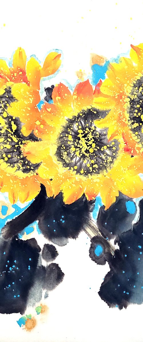 Sunny sunflowers - Oriental Chinese Ink Painting by Ilana Shechter