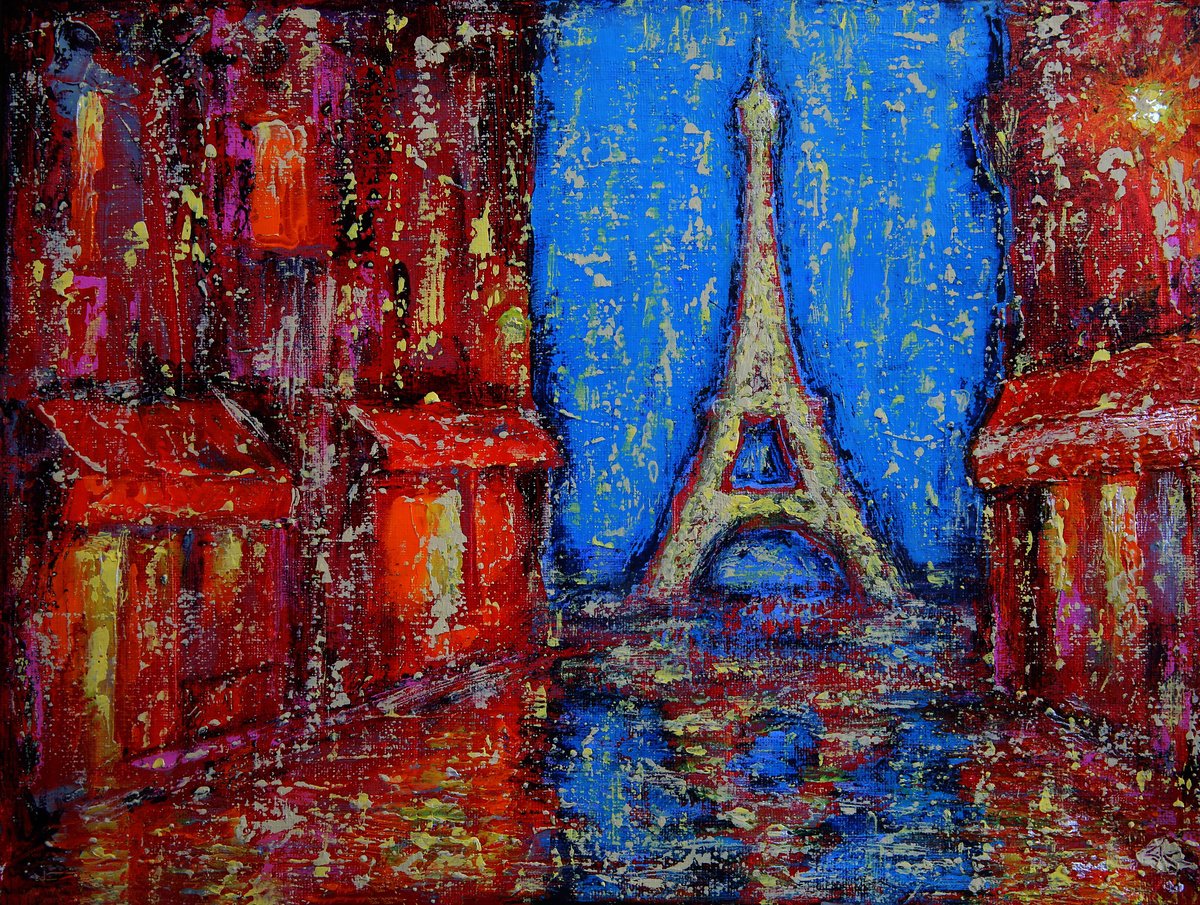 Impressionistic Cityscapes Acrylic Painting By Denys Kuvaiev, 17 X 13, Paris Night, Original Artwork