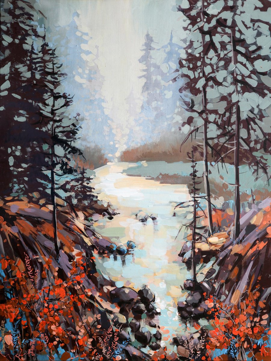 Impressionistic Landscape Acrylic Painting By Irina Rumyantseva, 24 X 31, Where The River Runs Through 2, Original Artwork