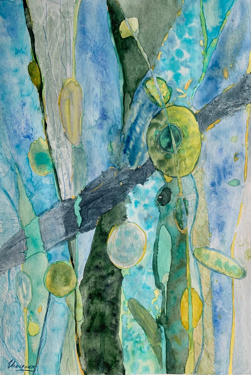 BLUE, YELLOW, GREEN.- watercolor on paper, original gift, abstract, blue decor, painting... by Tatsiana Ilyina