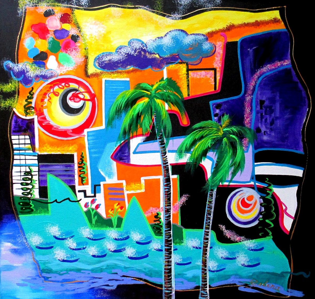 Urban And Pop Acrylic Painting , Tropical Ocean City By Galina Victoria, 24 X 24, Artwork For Sale On Artfinder