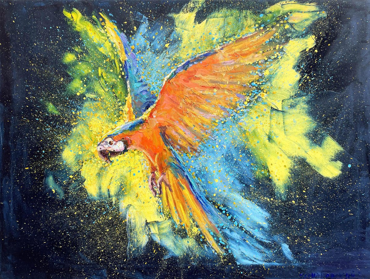 Impressionistic Animal Oil Painting By Evgeny Chernyakovsky, 31 X 24, Red Parrots, Original Artwork