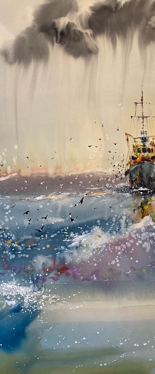 Watercolor "Old boat III” gift For Him by Iulia Carchelan