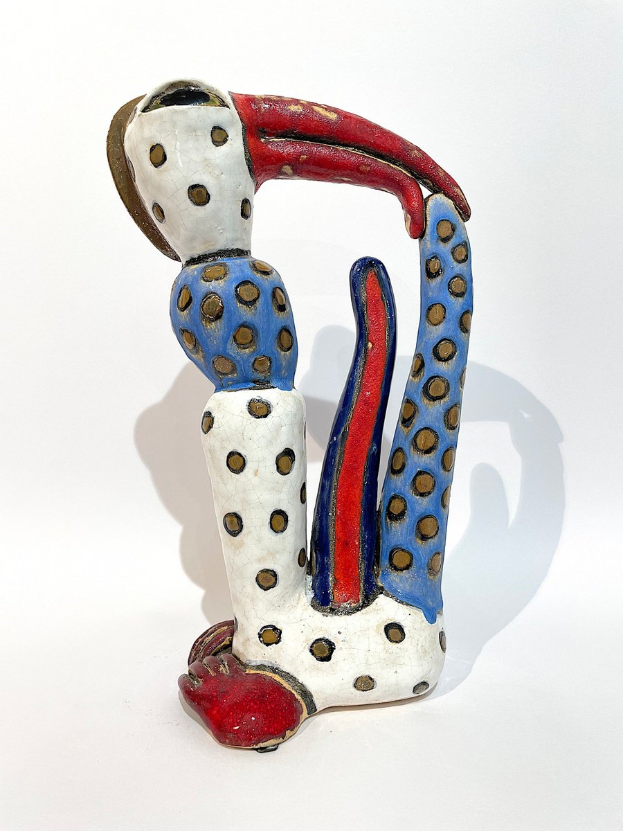 Naive Animal Clay Sculpture By Viktor Zuk, 7 X 11", Fantasy Dotted Bird, Original Artwork