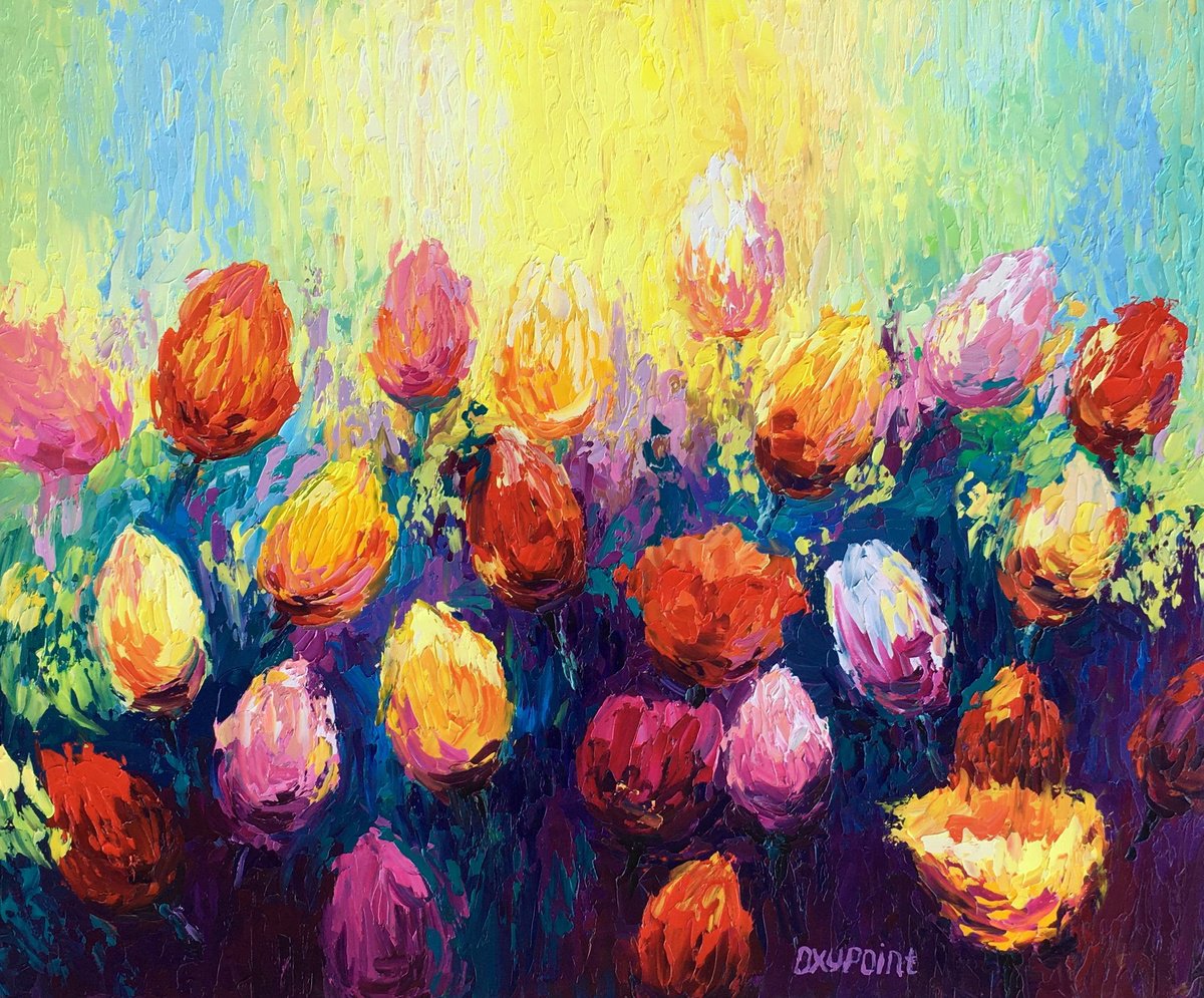 Expressive Botanical Oil Painting By Oxypoint, 24 X 20", "Tulips" Flowers Art, Original Artwork