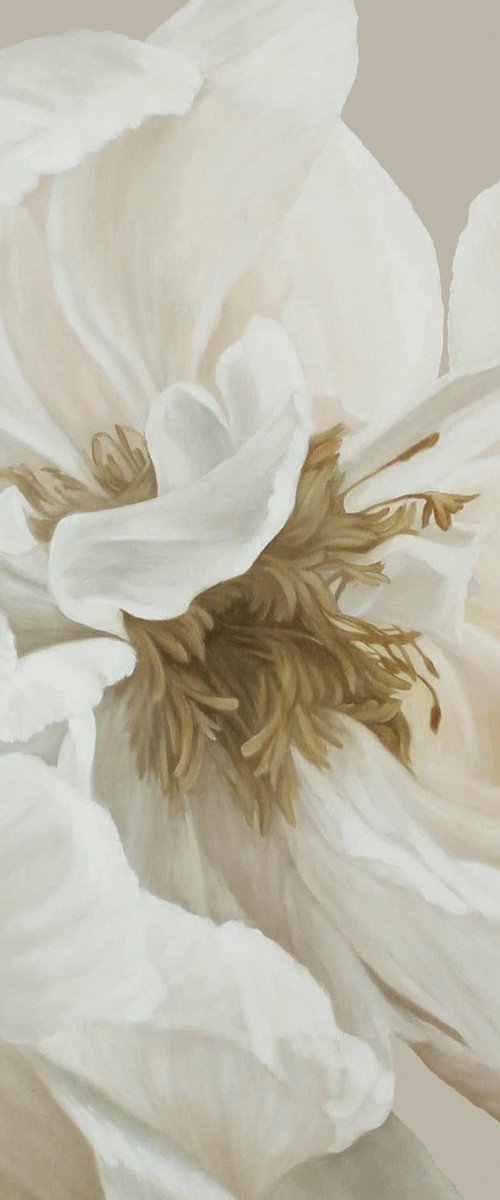 "Gray Silk Flowers 3" White peony oil art by Olha Tsapenko