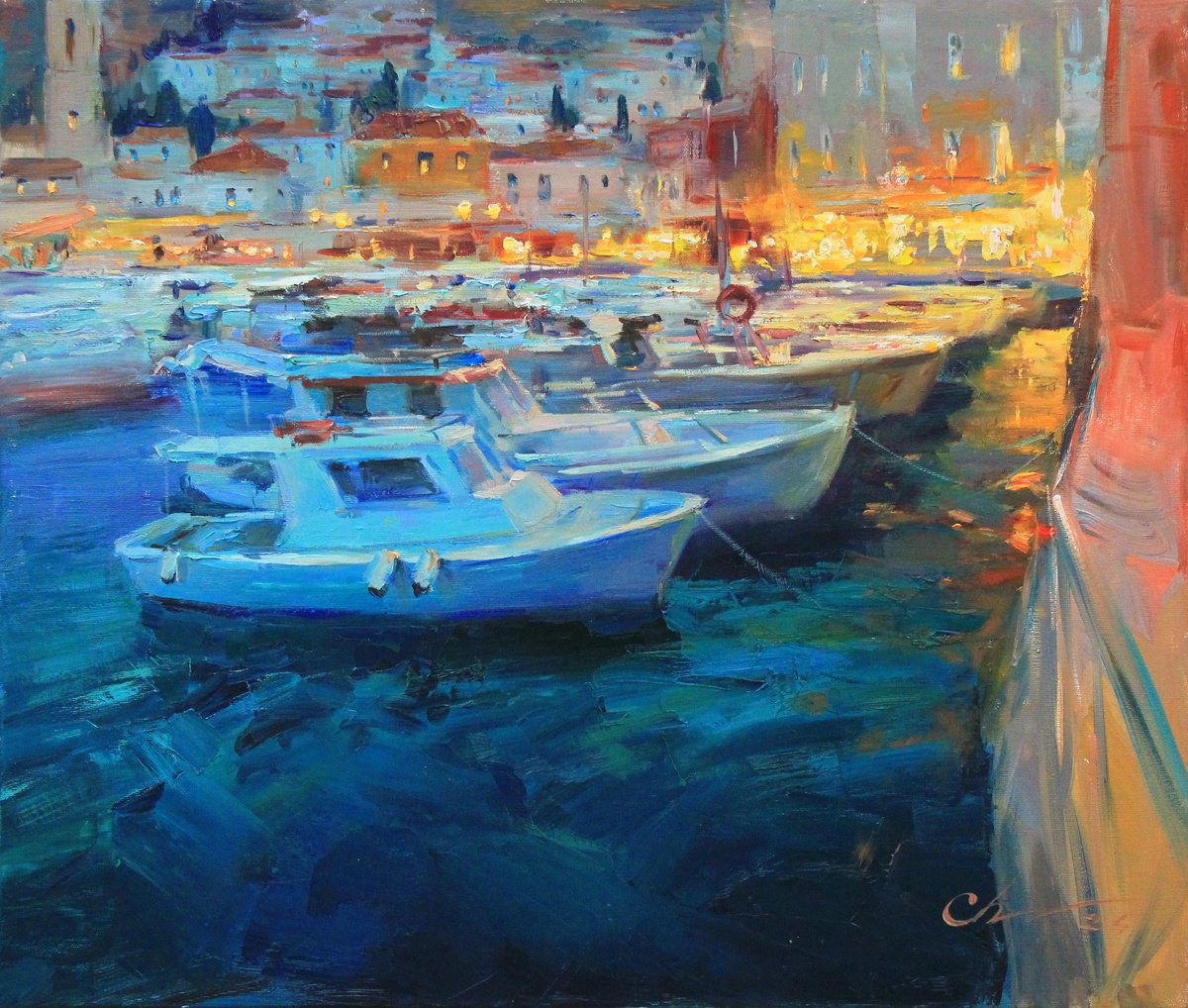 Impressionistic Landscape Oil Painting By Serhii Cherniakovskyi, 28 X 24", Yachts In Harbor, Original Artwork