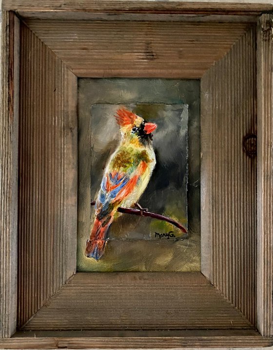 Female Cardinal 3D oil painting on a gessoed masonite mounted on gessoed panelboard 4x6