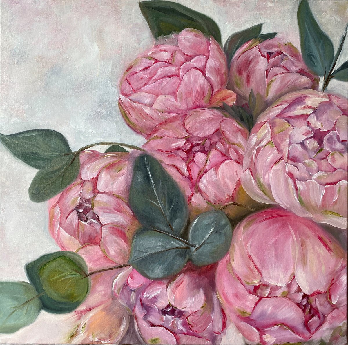Impressionistic Botanical Oil Painting By Anna Lyashenko, 24 X 24, Peony Bouquet, Original Artwork