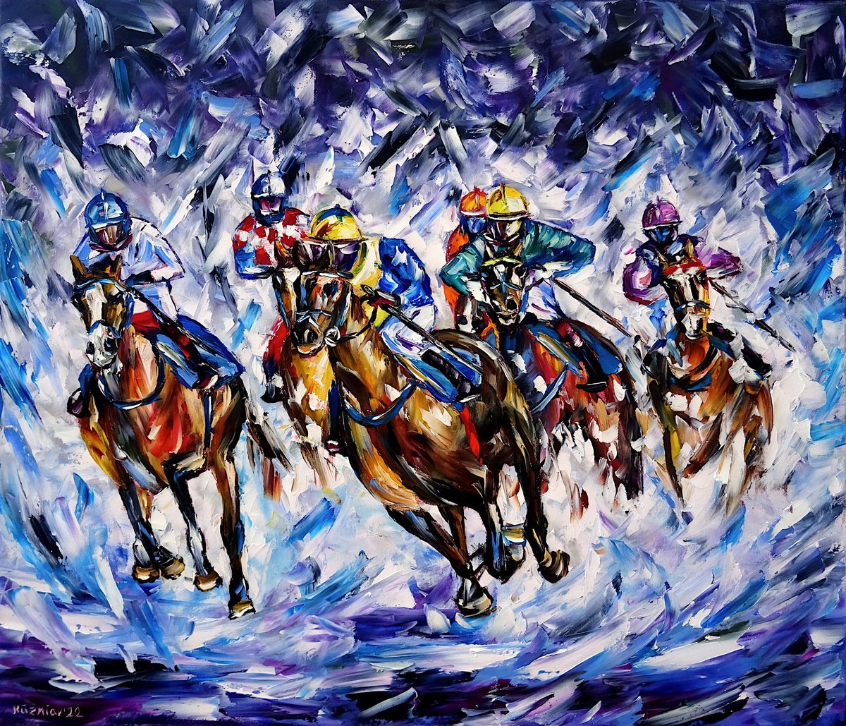 Expressive Animal Oil Painting By Mirek Kuzniar, 28 X 24", The Winter Race, Original Artwork