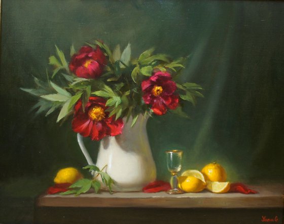 Peonies and lemons. Framed painting. Oil on linen