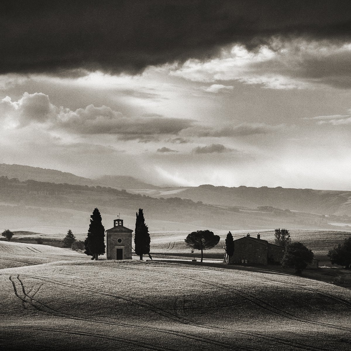 Photorealistic Landscape Photograph By Peter Zelei, 37 X 37", Chapel In Tuscany, Original Artwork