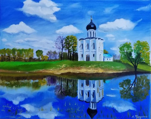 The Church of the Intercession of the Holy Virgin on the Nerl River (Russia, Vladimir Region). Original Painting on Canvas. Landscape painting. Easter Gift. 16" x 20". 40,6 x 50,8 cm. by Alexandra Tomorskaya/Caramel Art Gallery