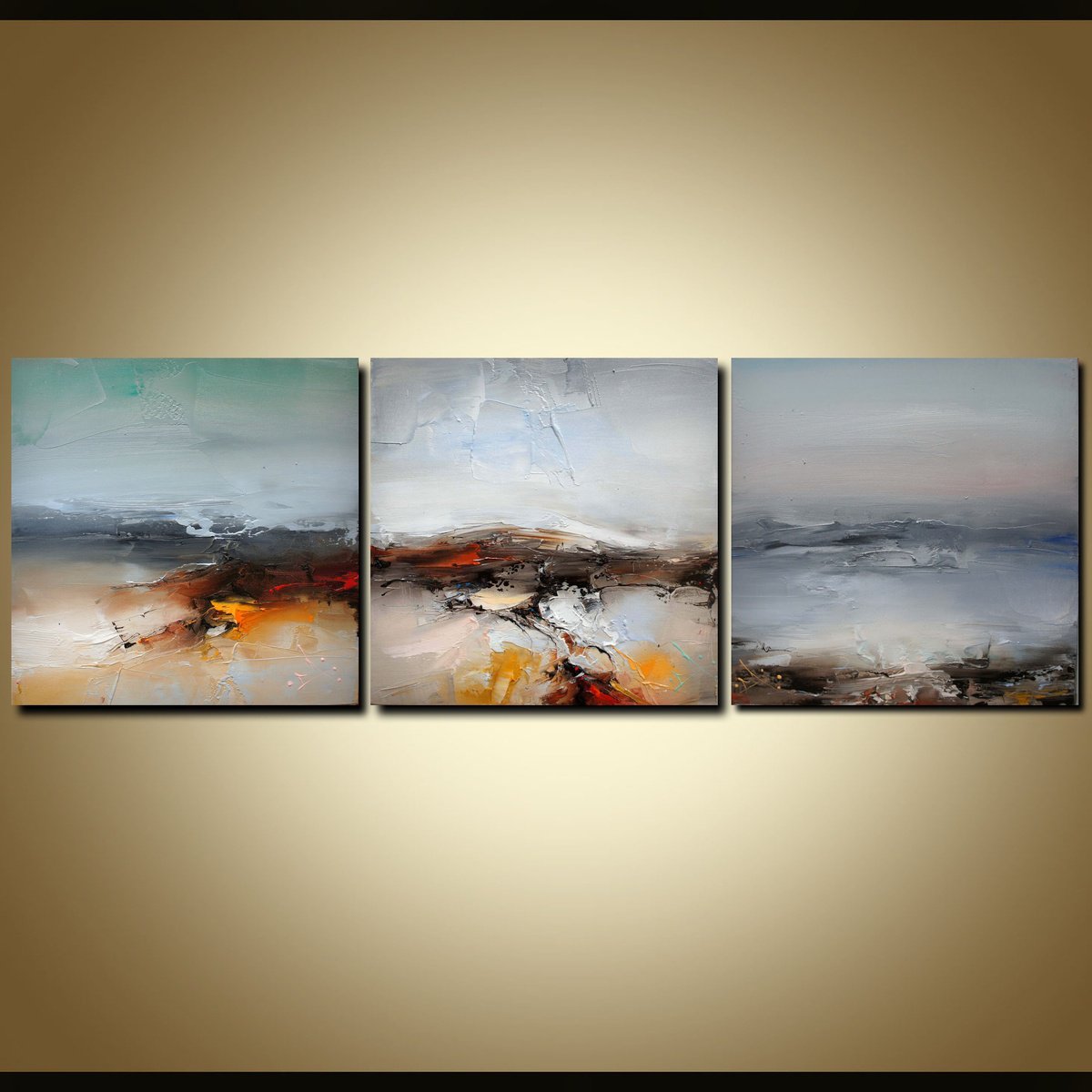 Abstract Landscape Oil Painting By Stanislav Lazarov, 35 X 12", Sea Fields, Original Artwork