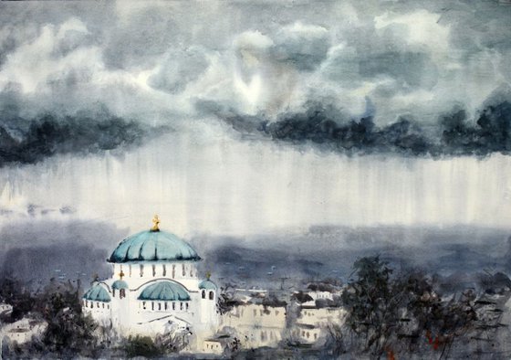 Raining on St. Sava church Belgrade