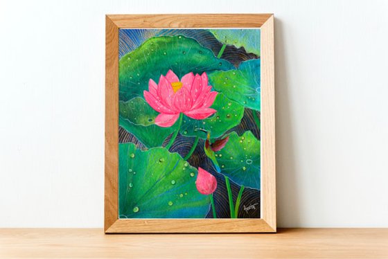 Lotus and Hummingbird ! A3 size Painting on Indian handmade paper