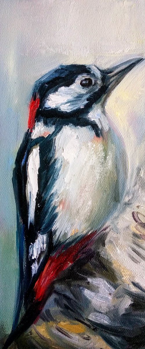 Bird Painting  Woodpecker on a tree Realistic birds Wildlife by Anastasia Art Line