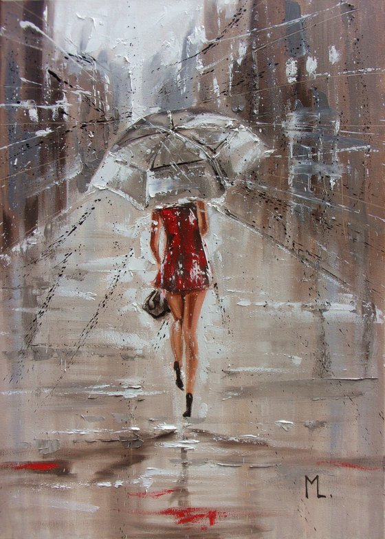 " JULY RAIN "   street spring summer original painting CITY palette knife GIFT