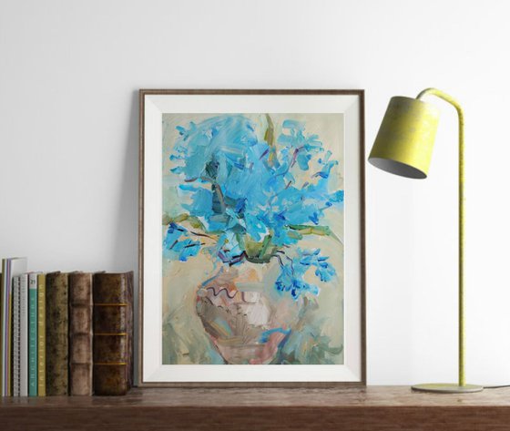 Blue Flowers. Cornflowers.  Impressionist art. Home/ Office Decor Idea.