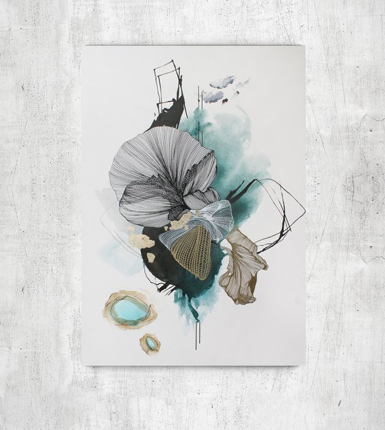 "Concord 5" Teal white abstract art
