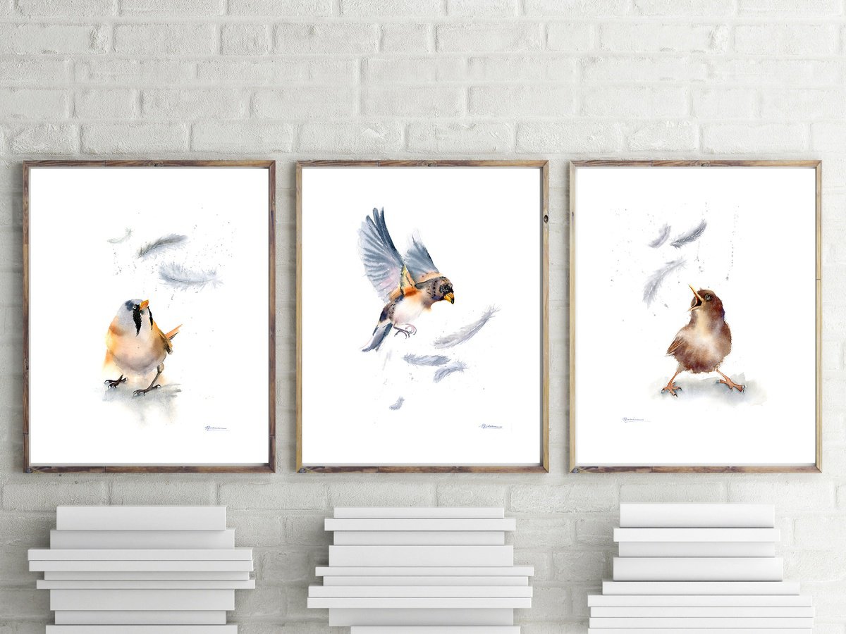 Impressionistic Animal Watercolour By Olga Tchefranov (Shefranov), 29 X 13", Birds And Feathers - Triptych, Original Artwork