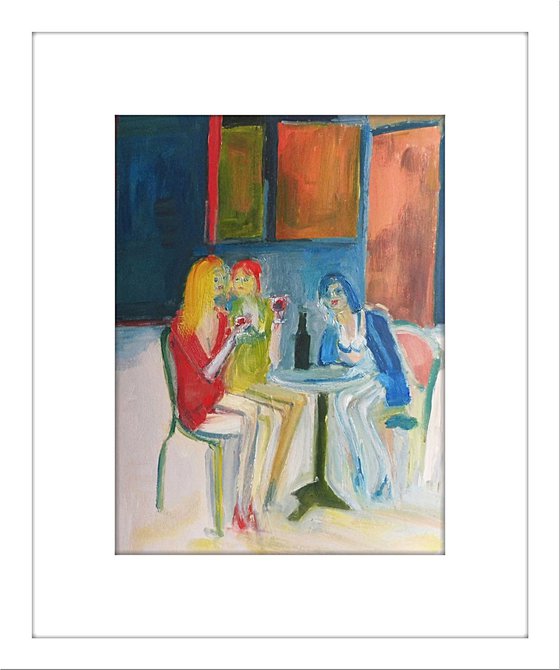 CAFE THREE GIRLS RED WINE. Original Figurative Oil Painting. Varnished.