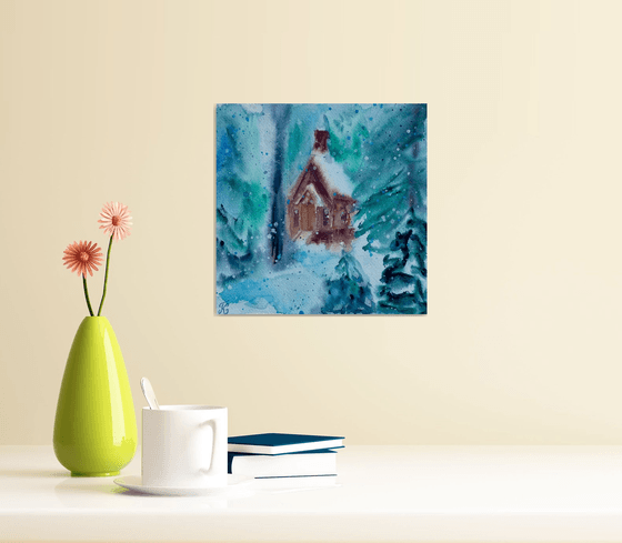 Christmas Cabin Painting, Snowy Forest Original Watercolor Artwork, Winter Landscape Wall Art, Cozy Hygge Home Decor, Christmas Gifts