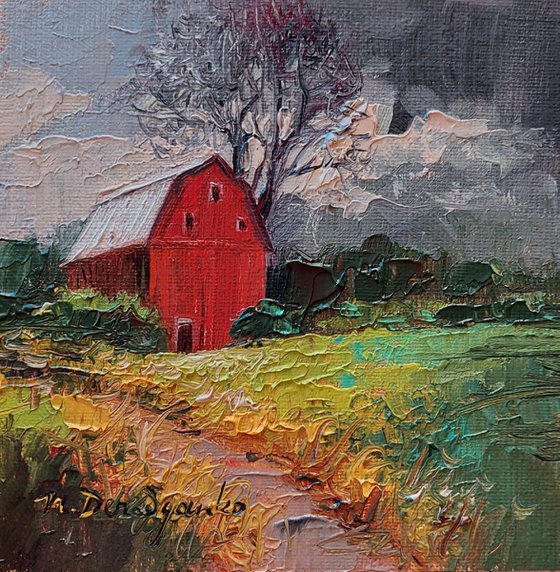 Barn in green field oil painting original canvas board art 4x4, Storm Landscape mini oil painting, Small frame art gift for friend