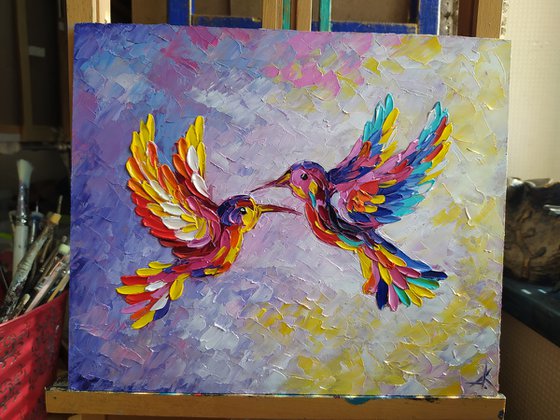 In pink dreams - birds, hummingbirds oil painting, love oil painting, birds oil painting, hummingbirds, love, animals oil painting, art bird, impressionism, palette knife, gift idea.