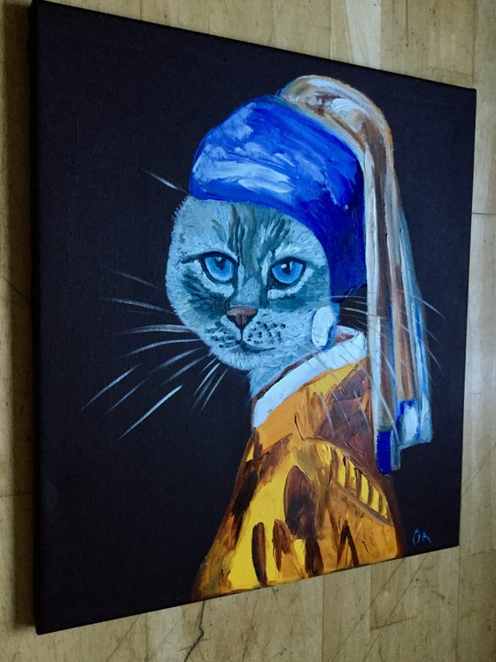 Cat with the pearl earring and blue eyes  inspired by Vermeer painting feline art for cat lovers gift idea