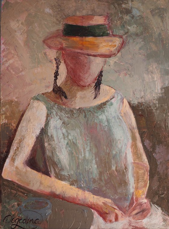 Cup of Coffee. Lover - Original Faceless Woman Portrait on Canvas