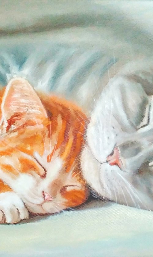 Sleeping Cat With Tawny Kitten Original Oil Painting Pet Portrait Animalism. 50x35 cm, ready to hang by Yulia Berseneva
