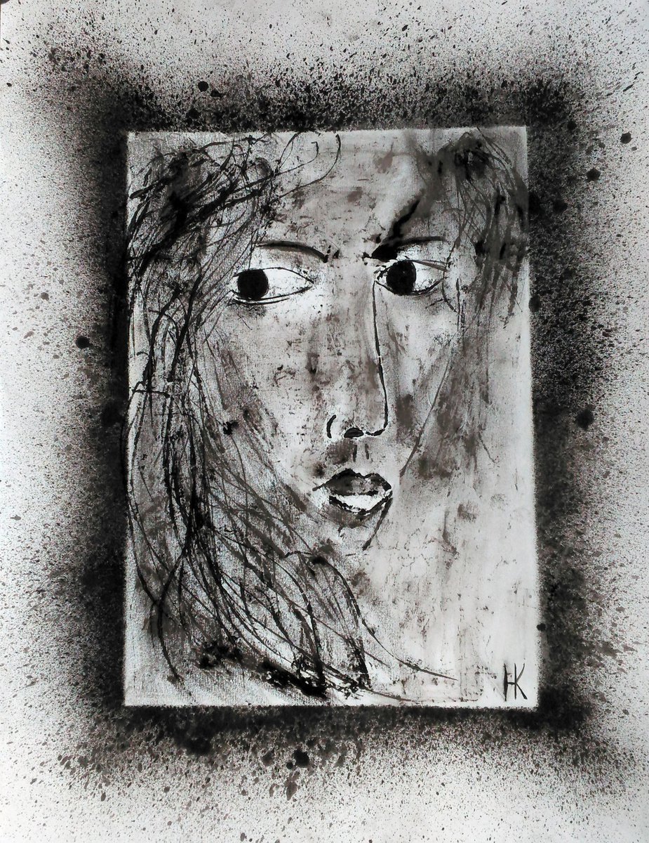 Face from my memories black oil monoprint on paper monochrome artwork woamn portrait by Halyna Kirichenko