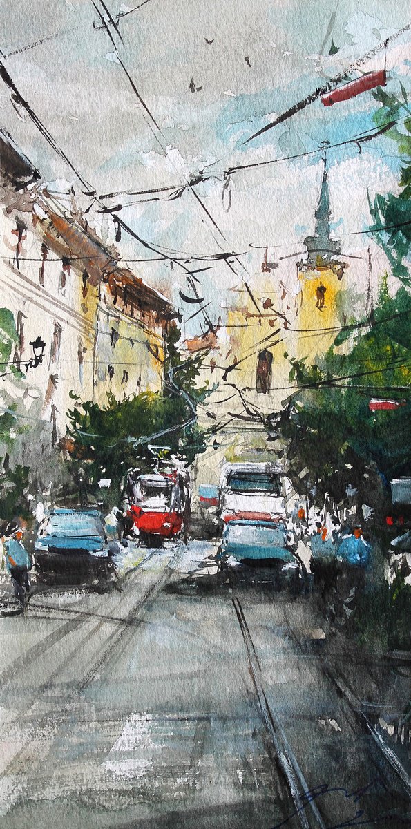 Impressionistic Cityscapes Watercolour By Maximo Damico, 6 X 14", Brno City Scene, Original Artwork