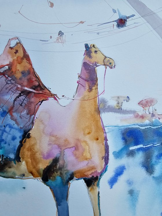 Desert Camel Ferris Wheel Watercolor