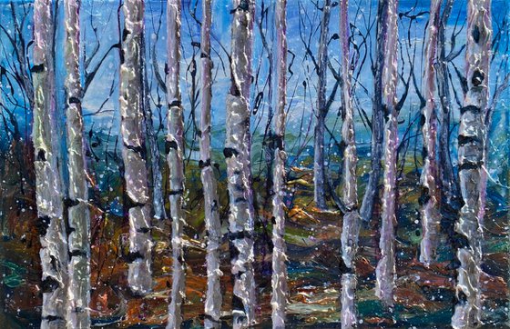 Winter landscape with  Birch Trees -   Impasto Original Painting  (palette knife)