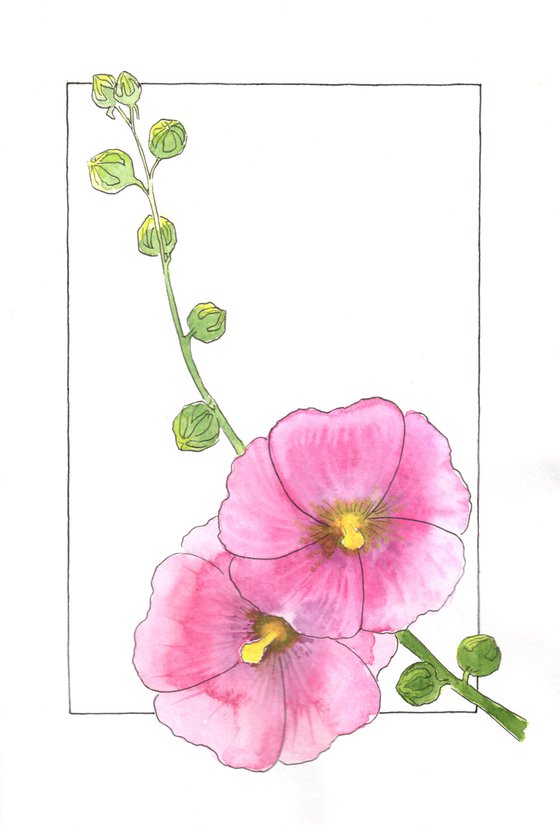 Flowers original watercolor - Pink mallow illustration - Floral mixed media drawing