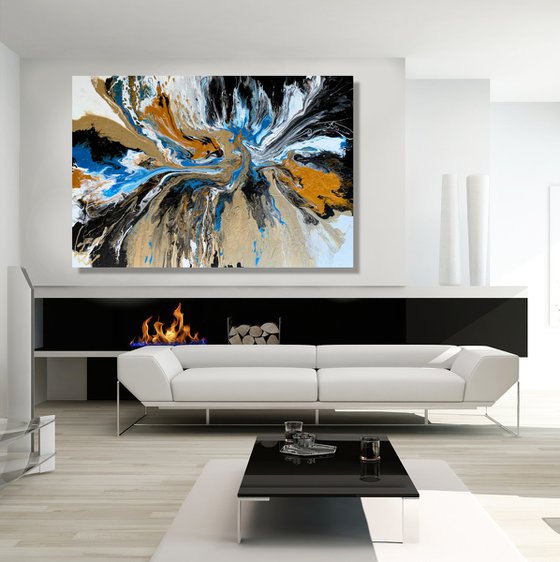 The Shining of Gold #6 - LARGE, VIBRANT, WHITE , GOLD, BLACK & BLUE ABSTRACT ART – EXPRESSIONS OF ENERGY AND LIGHT. READY TO HANG!