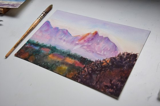 Mountains Painting, Fall Landscape Watercolor Painting, Slovak original wall art